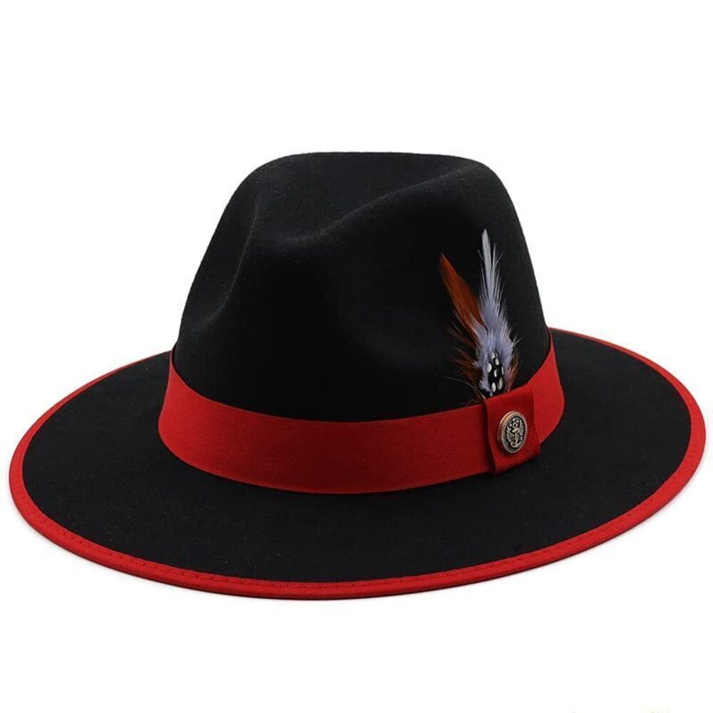 9118 Unisex Fashion Feather Decor Wool Fedora Cap, Wide Brim Winter